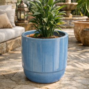 Pot de Fleur Cylindrique en Céramique Émaillée – Bleu Profond POM001