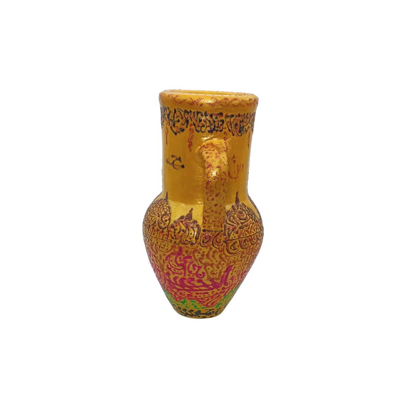 petite amphore vase décoratif peint à la main | jarre artisanale en céramique jaune & or | style ethnique oriental indien | motifs vifs rose vert rouge | décoration exotique collectible kkp176