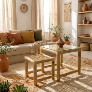 Table Basse en Bambou Naturel avec Table d'Appoint – Ensemble 2-Pièces en Rotin Tressé, Verre Trempé, Style Bohème Éco-Responsable pour Salon ROL003