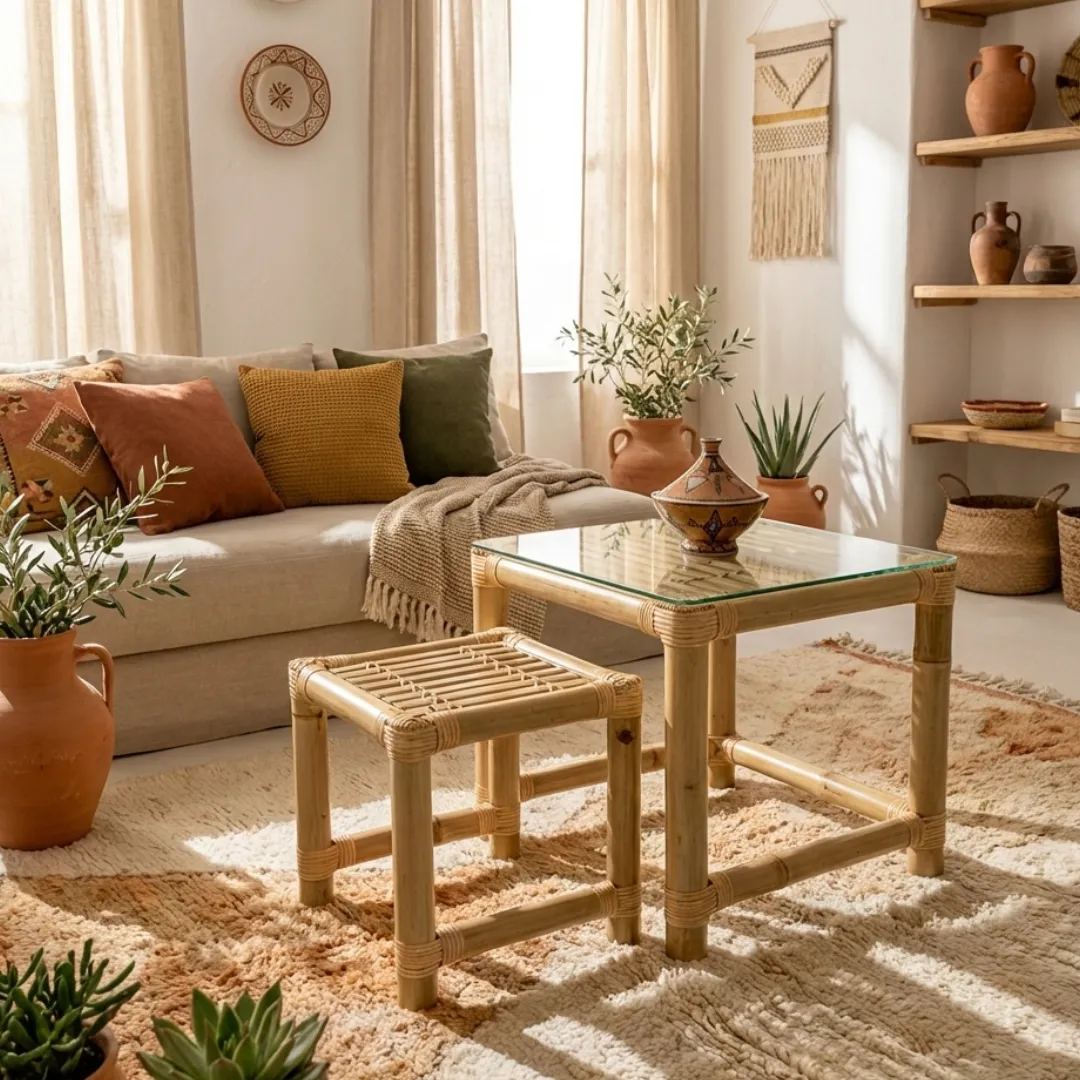 Table Basse en Bambou Naturel avec Table d'Appoint – Ensemble 2-Pièces en Rotin Tressé, Verre Trempé, Style Bohème Éco-Responsable pour Salon ROL003