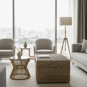 Coffre de Rangement Artisanal en Fibres Végétales (84x54x62 cm) – Structure en Bois Tressé avec Feuilles de Bananiers – Éco-Responsable, Décoration Bohème et Cadeau Original ROL005