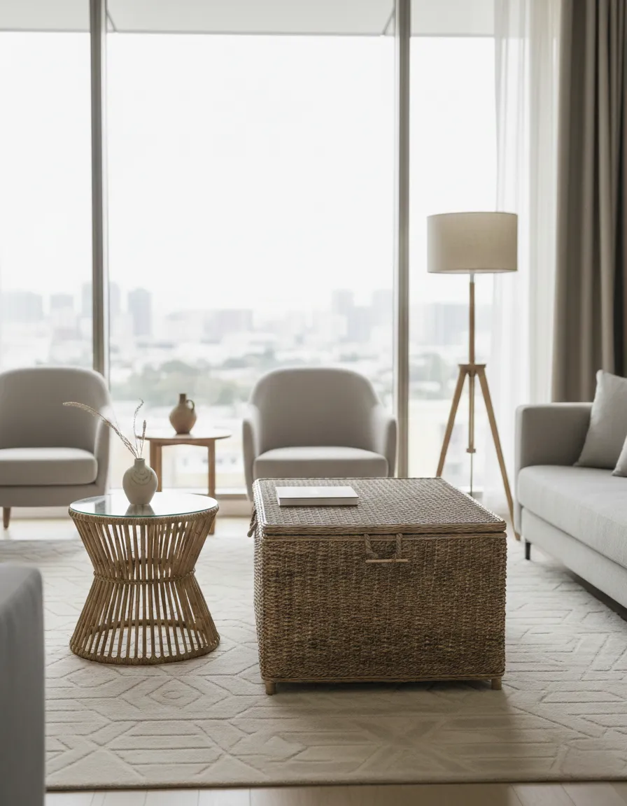 Coffre de Rangement Artisanal en Fibres Végétales (84x54x62 cm) – Structure en Bois Tressé avec Feuilles de Bananiers – Éco-Responsable, Décoration Bohème et Cadeau Original ROL005