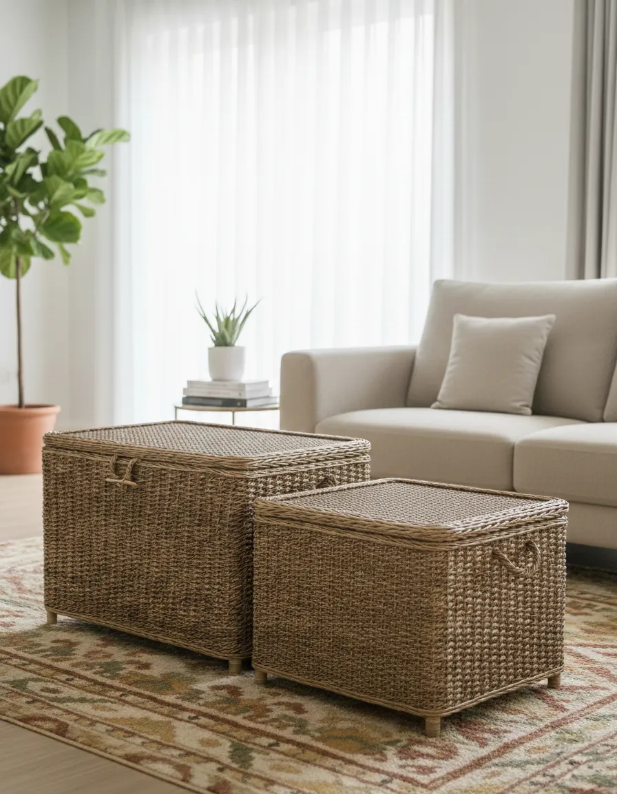 Coffre de Rangement Artisanal en Fibres Végétales (84x54x62 cm) – Structure en Bois Tressé avec Feuilles de Bananiers – Éco-Responsable, Décoration Bohème et Cadeau Original ROL005 – Image 2