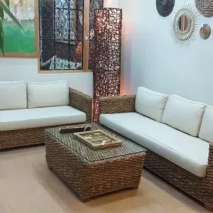 Salon ZEN Junior 5 Places pour Intérieur avec Table Basse 100 × 60 cm – Structure en Bois Tressé en Fibres Naturelles – Salon Design Naturel & Confortable ROL001