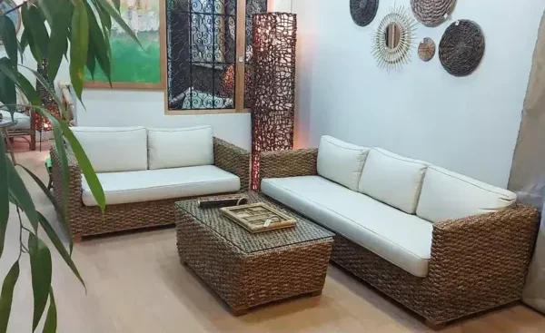 Salon ZEN Junior 5 Places pour Intérieur avec Table Basse 100 × 60 cm – Structure en Bois Tressé en Fibres Naturelles – Salon Design Naturel & Confortable ROL001