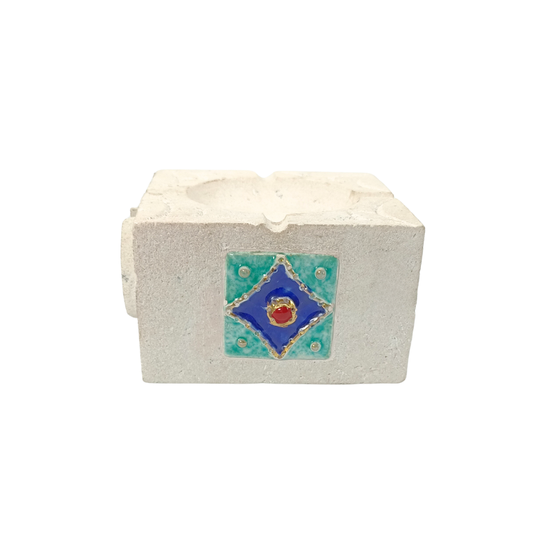 support cube bougeoir en plâtre et céramique blanche – décoration mosaïque bleu turquoise – style oriental – pour bougie, cendrier ou huiles essentielles khs174