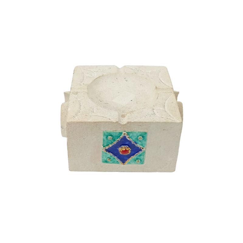 support cube bougeoir en plâtre et céramique blanche – décoration mosaïque bleu turquoise – style oriental – pour bougie, cendrier ou huiles essentielles khs174