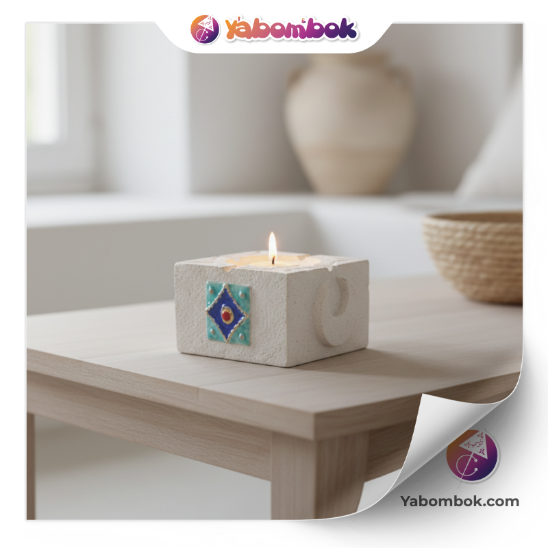 support cube bougeoir en plâtre et céramique blanche – décoration mosaïque bleu turquoise – style oriental – pour bougie, cendrier ou huiles essentielles khs174