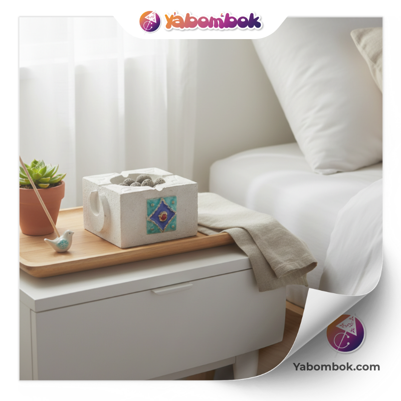 support cube bougeoir en plâtre et céramique blanche – décoration mosaïque bleu turquoise – style oriental – pour bougie, cendrier ou huiles essentielles khs174