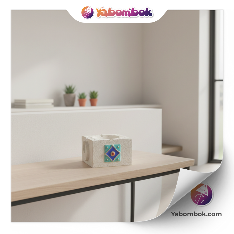 support cube bougeoir en plâtre et céramique blanche – décoration mosaïque bleu turquoise – style oriental – pour bougie, cendrier ou huiles essentielles khs174