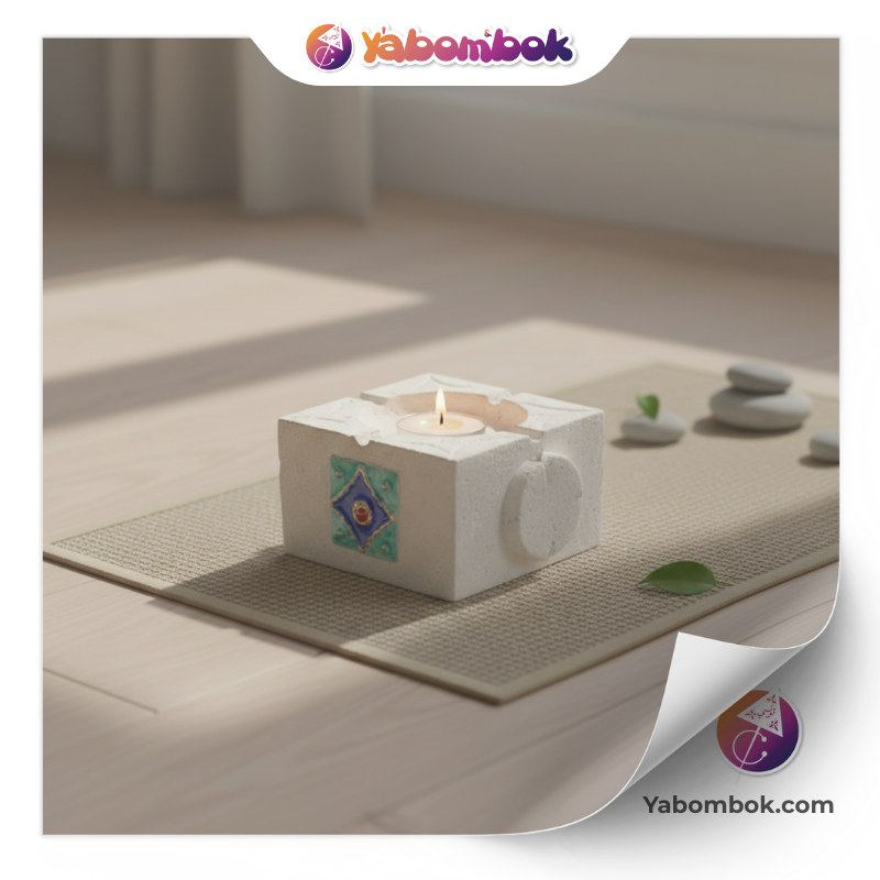 support cube bougeoir en plâtre et céramique blanche – décoration mosaïque bleu turquoise – style oriental – pour bougie, cendrier ou huiles essentielles khs174