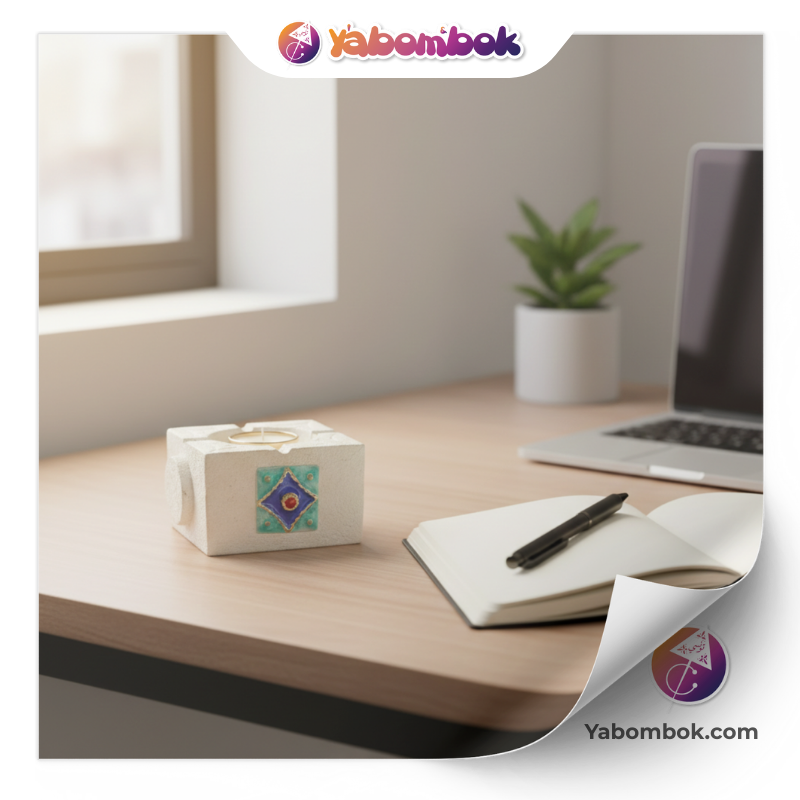 support cube bougeoir en plâtre et céramique blanche – décoration mosaïque bleu turquoise – style oriental – pour bougie, cendrier ou huiles essentielles khs174