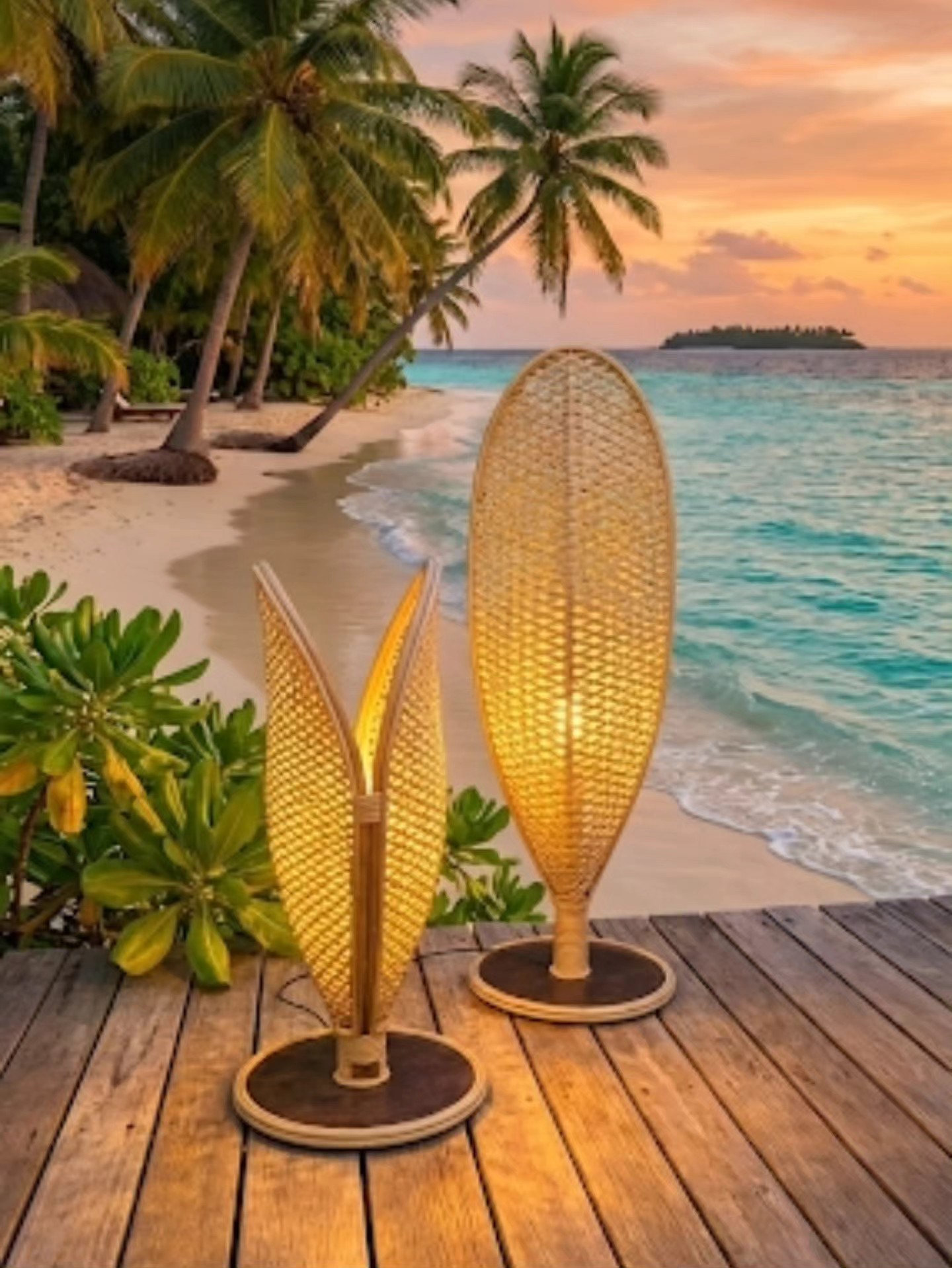 Lampadaire Feuille Artisanale en Fibres Naturelles – Éclairage Ambiance Tropicale TAF001 – Image 3