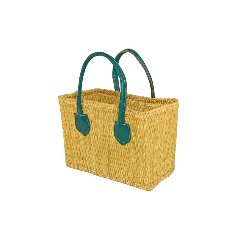 mini couffin artisanal tunisien en smar de nabeul – fait main, fibre naturelle, anses cuir, 25x18 cm – yabombok