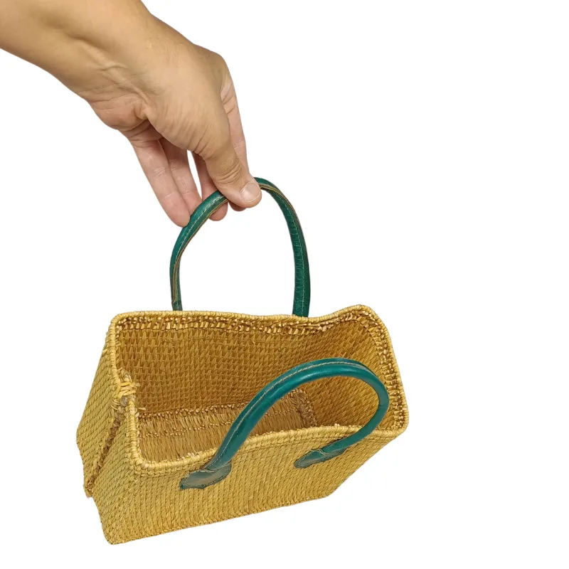 mini couffin artisanal tunisien en smar de nabeul – fait main, fibre naturelle, anses cuir, 25x18 cm – yabombok