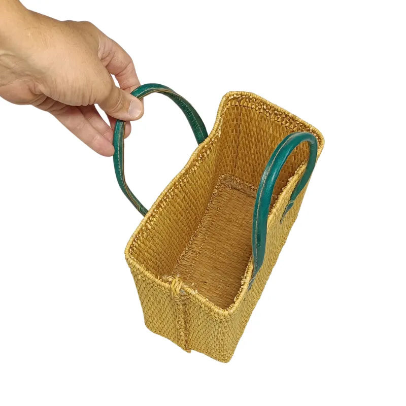 mini couffin artisanal tunisien en smar de nabeul – fait main, fibre naturelle, anses cuir, 25x18 cm – yabombok